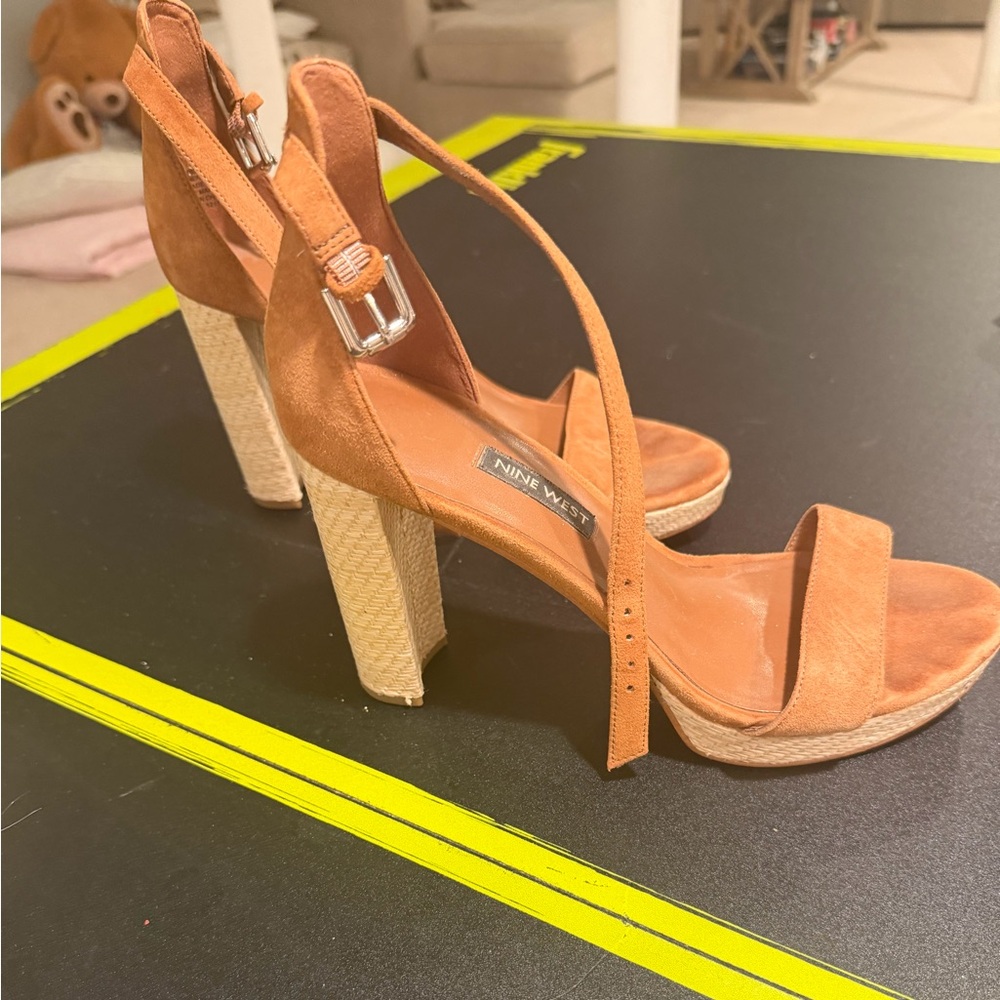 Nine West Cognac Suede Block Heel Sandals